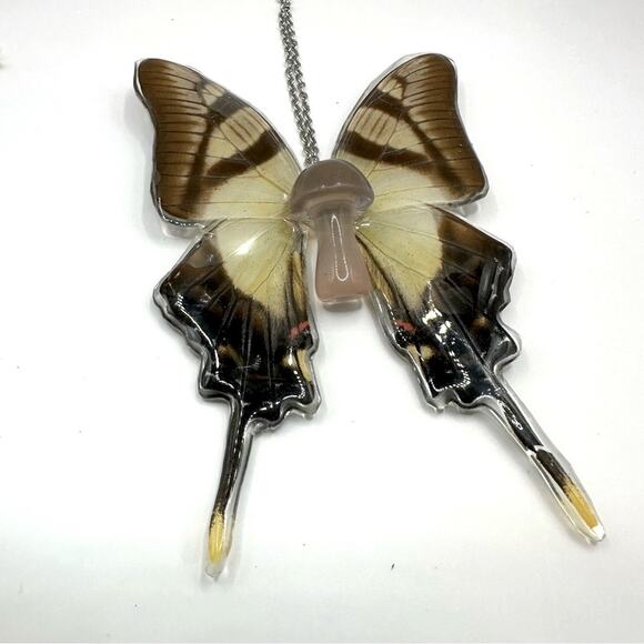 Unbranded Butterfly Large Pendant Necklace Brown Silvertone chain 70s 90s Boho - Picture 7 of 11